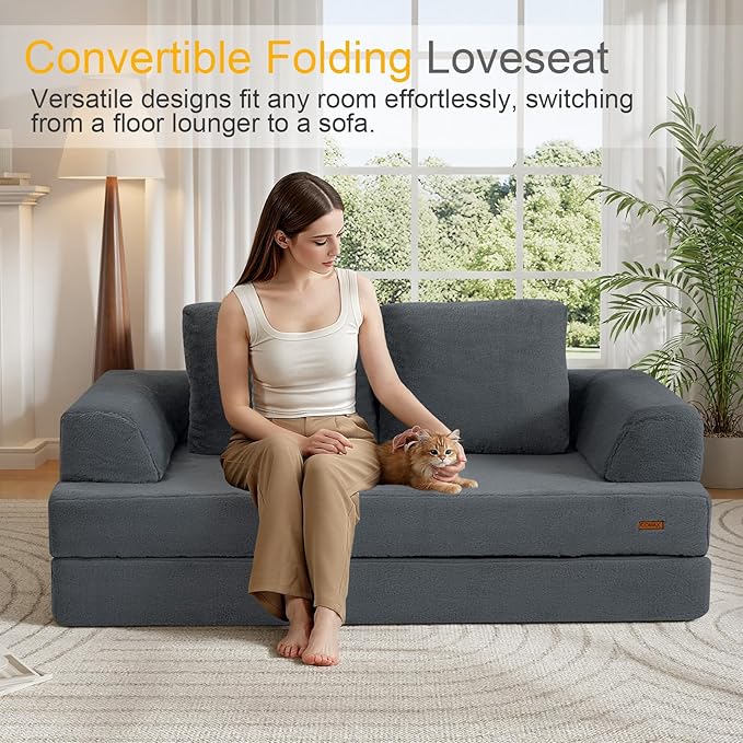 COMAX Convertible Sofa Bed, Folding Floor Couch Fold Out Couch Bed Futon Sleeper Mattress with Pillows, Boneless Sofa Comfy Lounge Loveseat for Living Room Bedroom, Faux Fur Dark Grey