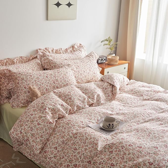 Girls Duvet Cover Pink Red Flower Duvet Cover 100% Cotton Floral Comforter Cover Vintage Boho Floral Bedding Set Queen Botanical Cottagecore Comforter Cover Queen Duvet Cover with Ruffle Pillowcases