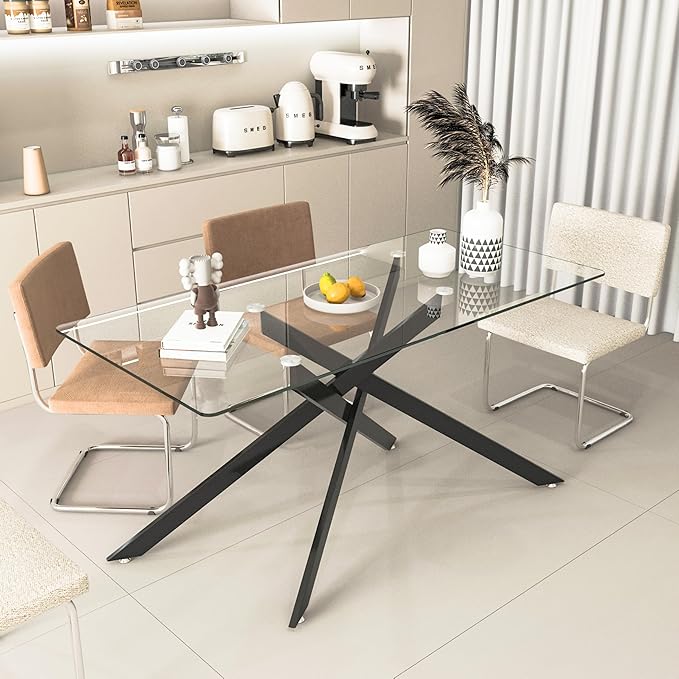 60.6'' Tempered Glass Dining Table for 4-6 People, Rectangle Kitchen Table with Black X-Base Metal Legs, Adjustable Feet, Glass Top Desk for Home Office Glass Dining Room Table for 6
