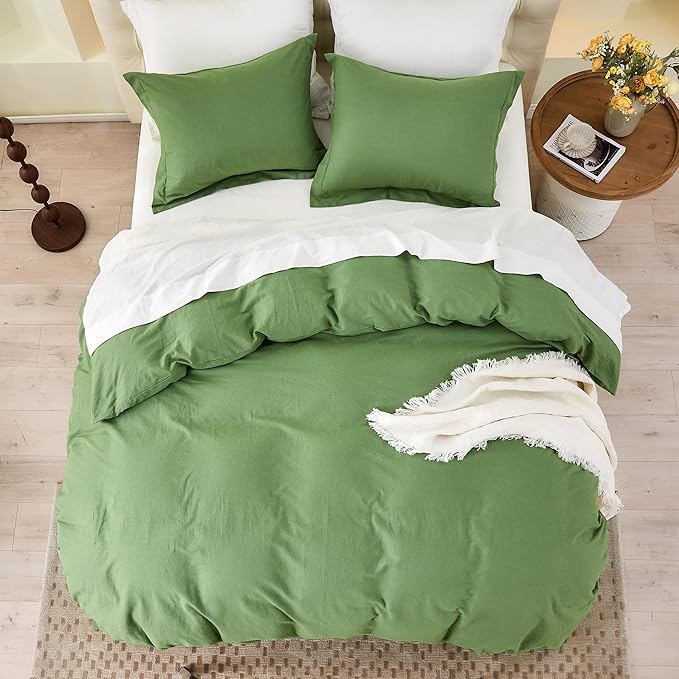 Simple&Opulence French Linen Duvet Cover Set 78" x 86"- 3 Pieces (1 Comforter Cover,2 Pillowcases)- Natural Flax Cotton Blend-Solid Color Breathable Farmhouse Bedding- Khaki Green, Full