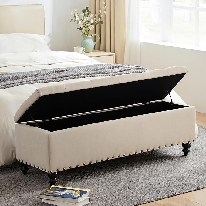 HUIMO 51-inch Storage Ottoman Bench with Removable Tray, Bedroom Bench with Button-Tufted, Safety Hinge Ottoman in Upholstered Fabrics, Large Long Bench for Living Room, Bedroom (Beige)