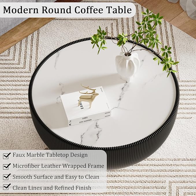 Round Coffee Table Set with Sintered Stone Tabletop, 27.56" Black Drum Center Table and 19.69" Grey Coffee Table Set, 2 Pieces Living Room Table Set with Fluted PU Leather Cover& Metal Base
