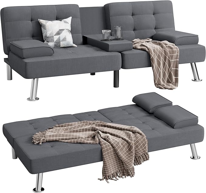 Shahoo Modern Linen Upholstered Convertible Folding Futon Sofa Bed with Removable Armrests, Metal Legs, 2 Cup Holders for Living Room, Dark Grey