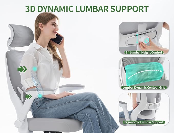 Ergonomic Office Chair - Computer Desk Chairs Comfy, Mesh High-Back Gaming Chair with Adjustable Lumbar Support, Executive Task Chair for Adults, Comfortable for Long Hours (White Grey)