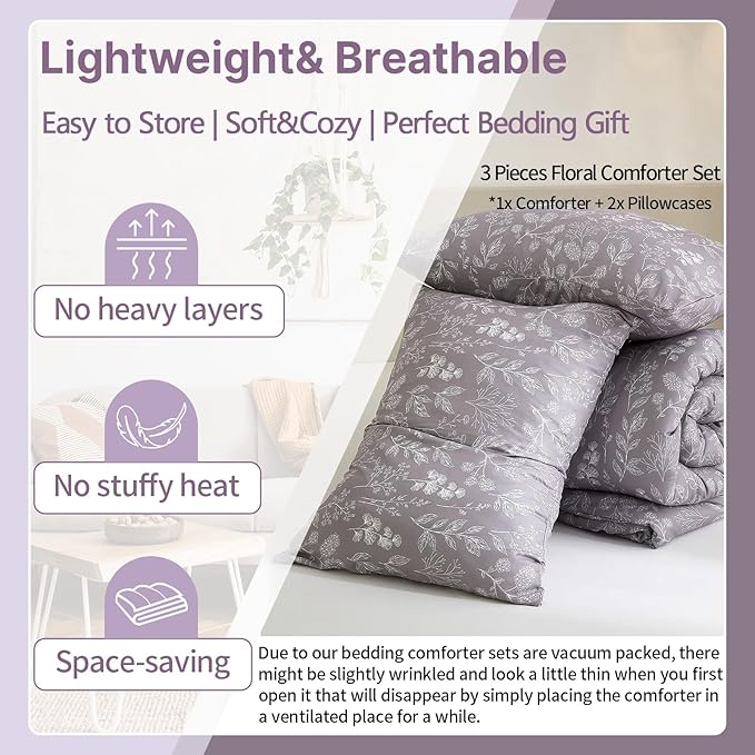 EAVD Botanical Floral Comforter Set King Grayish Purple Soft Microfiber Chic Cute Garden Floral Bedding Comforter Set 1 King Comforter and 2 Pillowcases Fresh Botanical Comforter for All-Season