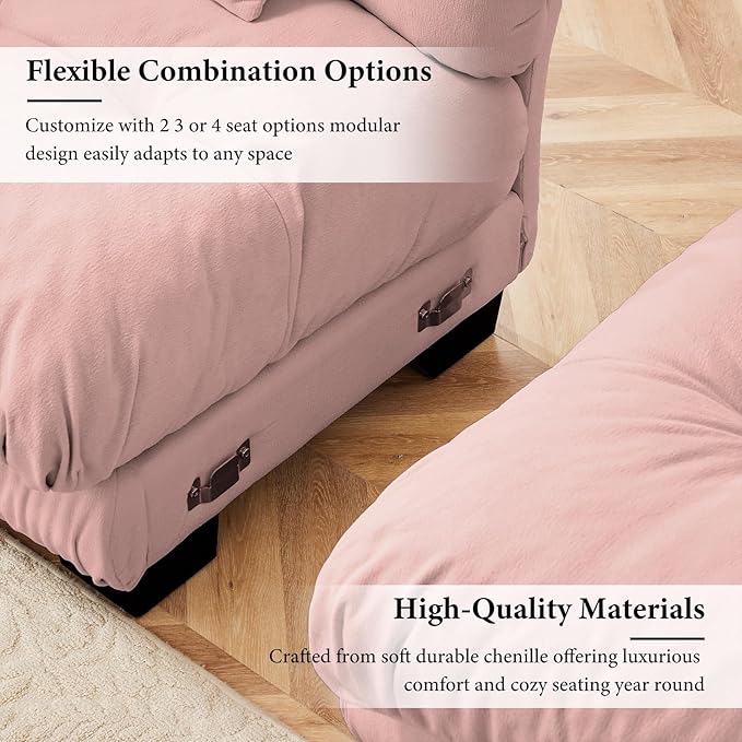 133.8" Oversized Couch, 3 Seater Modular Sectional Sofa, Pink Large U Shaped Sectional Fluffy Couch Set, Chenille Cloud Couch with Ottoman, Deep Seat Sofas for Living Room