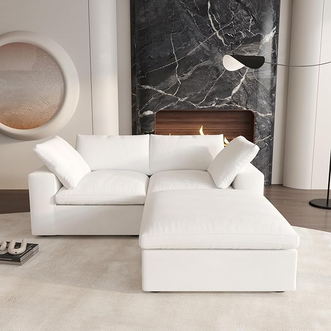 Cloud Modular Sectional Sofa,80.3" Down Filled Comfort Sofa Couch for Living Room,2 Seater+ 1Ottoman Couches for Livingroon Apartment,Sofa Cover Washable and Replaceable-White