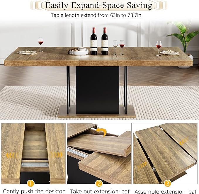 Goujxcy 78.7" Farmhouse Extendable Dining Room Table Set for 4, 5-Piece Rectangle Kitchen Dining Room Table Set with Wood Base and 4 Blue Velvet Dining Chairs, Extending Kitchen & Dining Table Set