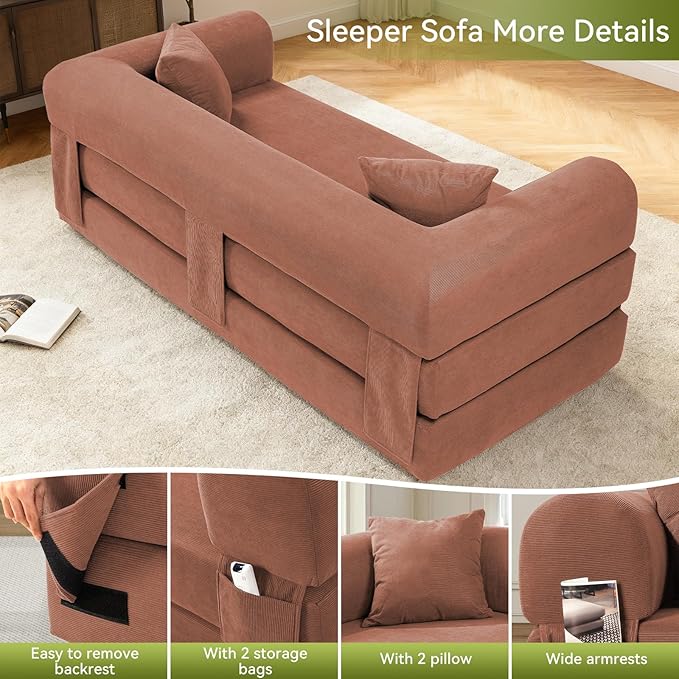 Convertible Folding Sofa Bed,80" Pull Out Couch with Pillows & Storage Pocket,Modular Futon Bed Corduroy Queen Sleeper Sofa in a Box,Compression Boneless Couch for Living Room,Pink