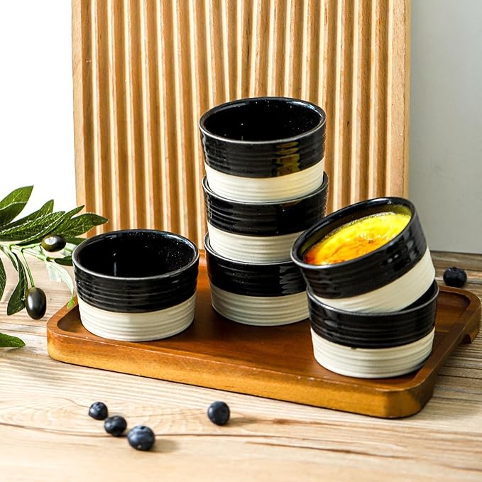 Ramekins 6 OZ for Creme Brulee Oven Safe,Ceramic Souffle Cups Set of 6,Small Dipping Sauce Cups for Charcuterie,Dessert,Dipping Sauce,Custard and Pudding,Microwave & Oven Safe,Patchwork Black