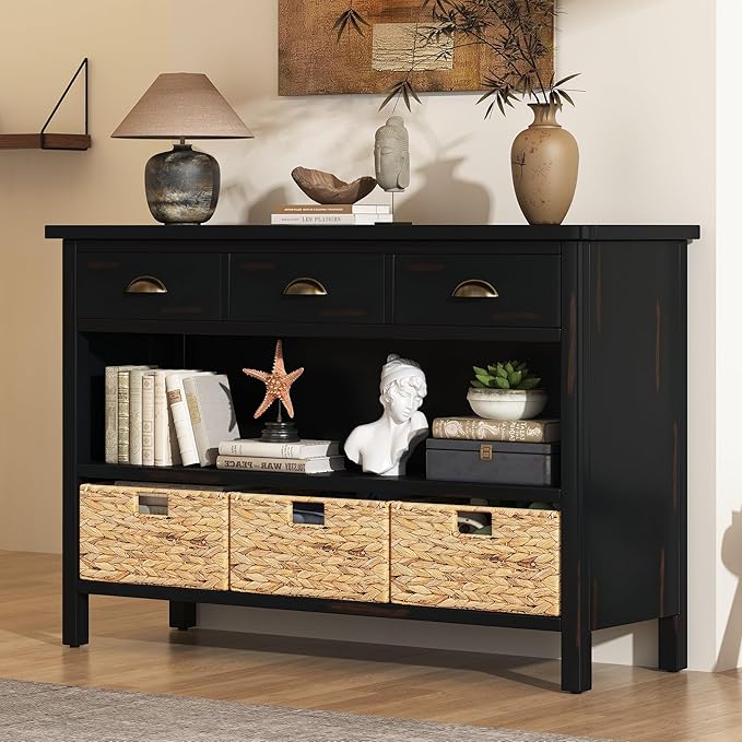 GDFStudio 47" Retro Console Table with 3 Drawers & 3 Water Hyacinth Baskets, Wooden Entryway Buffet Table with Lower Shelf, Vintage Side Board Storage Cabinet for Entryway Hallway Living Room, Black