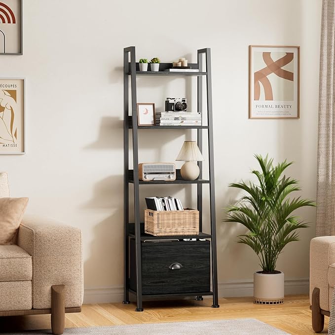 Furologee Ladder Shelf, Book Shelf with Drawer, 5 Tier Bookshelf, Industrial Display Open Bookcase Storage Shelves for Books, CDs, Photos, Black Shelving Unit for Home Office, Living Room