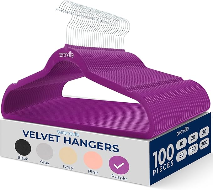 SereneLife 100 Pack Velvet Hangers - Non-Slip Felt with 360° Swivel Hook, Space-Saving, Ultra-Thin, Lightweight for Shirts, Sweaters, Hoodies, Kids Clothes & Dresses