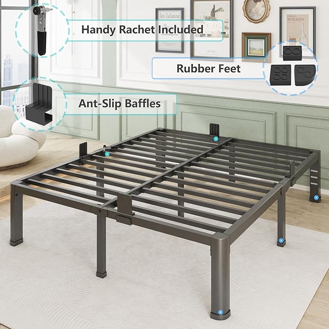 14 Inch King Bed Frame with Rounded Corner and Headboard Hole Mattress Retainers 3500 lbs Heavy Duty Support Metal Platform Bed Frame Noise Free No Box Spring Needed Easy Assembly