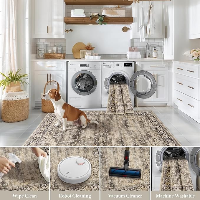 9x12 Large Rugs for Living Room Washable Boho Farmhouse Area Rugs Soft Faux Fur Low Pile Non Slip Stain Resistant Vintage Euro Floral Carpet Rug for Bedroom Dining Room Family Room,Hazel Brown