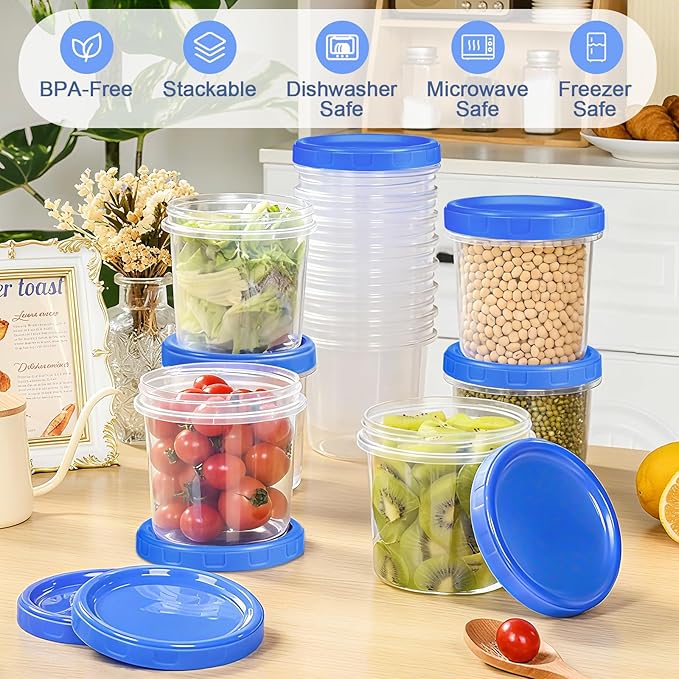 24 Pcs 16 oz Plastic Deli Containers with Screw Lids, Freezer Storage Containers Reusable 2 Cup Food Storage Container with Pen & Brush for Snack Salad Fruit, Microwave & Dishwasher Safe