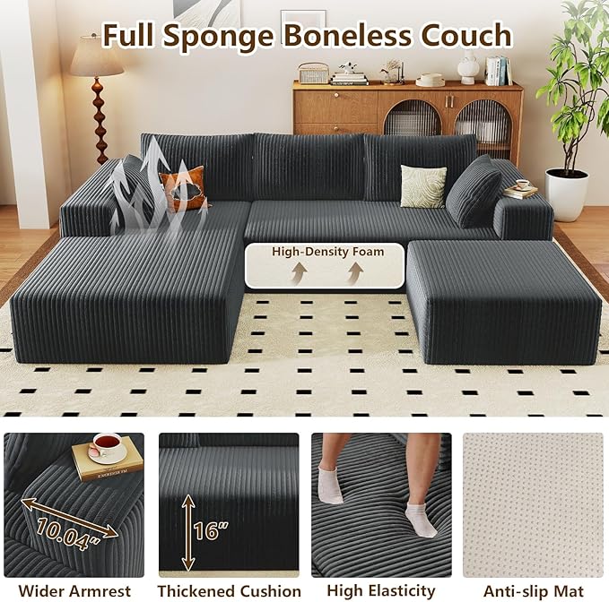 96" U-Shape Cloud Couch, Modern Modular Sectional L-Shape Sofa with Ottoman, Corduroy Upholstered Couches Deep Seat Chaise Longue for Living Room, No Assembly Required(Dark Gray, Left Facing)