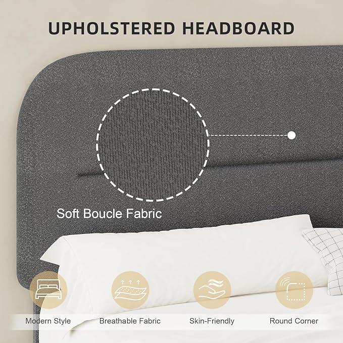 HOMBCK King Size Bed Frame, Boucle Upholstered Bed Frames and Headboard, Soft Bed Frame King with Thickened Footboard, Rounded Corners, No Box Spring Needed, Easy Assembly, Grey