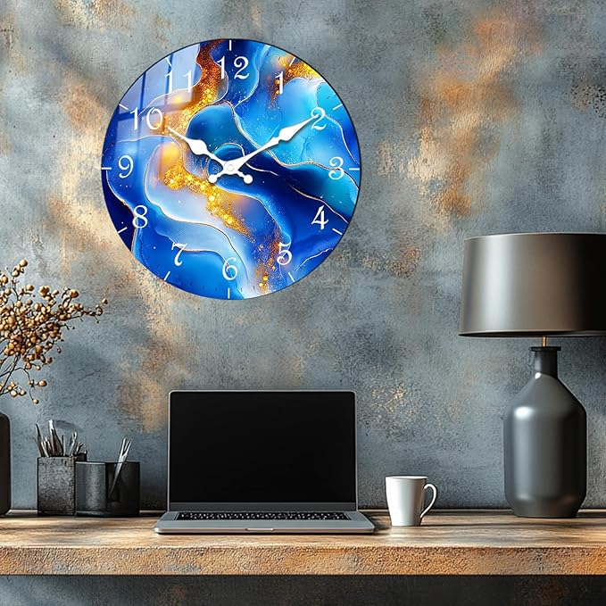 Marble Texture Wooden Wall Clock – Modern Blue Wall-Clocks Battery Operated Silent Sweep Movement 12 Inch Round Clock for Office Decor