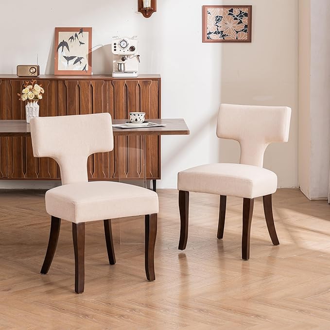 Mid Century Modern Dining Chairs Set of 4, Upholstered Side Dining Chairs with Curved Back Linen Fabric Armless Wood Chairs Kitchen & Dining Room Farmhouse Chairs (White)