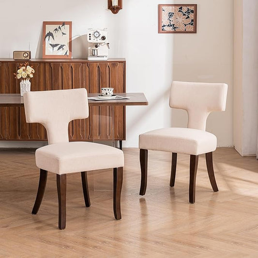 Mid Century Modern Dining Chairs Set of 2, Upholstered Side Dining Chairs with Curved Back Linen Fabric Armless Wood Chairs Kitchen & Dining Room Farmhouse Chairs (White)