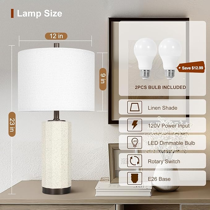 Scenekoy 23” Table Lamp Set of 2 for Bedroom Living Room, Rotary Switch Ceramic Bedside Lamp with White Linen Shade, Dimmable Nightstand Lamps for Room Office Hotel Dorm (Bulb Included)