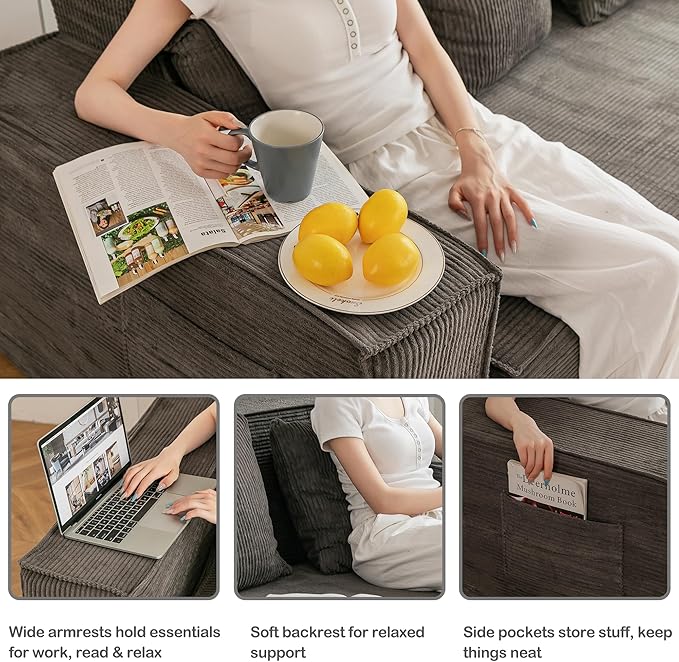HOMREST Convertible Memory Foam 3-seat Sofa & Loveseat, Pull Out Sleeper Sofa Bed, 2 in 1 Folding Couch Bed, Fold Out Floor Couch Corduroy Fabric with Pillows for Living Room Bedroom Lounge(Grey)