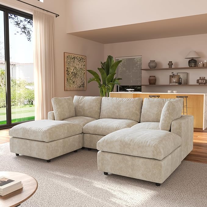JACH U Shape Sectional Couches for Living Room, Convertible Modular Sofa with Ottomans, Cloud Sectional Couch, Sofa Covers Washable, Minimalist Couch for Living Room, Apartment, Khaki