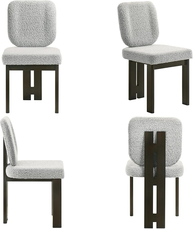 Modern Boucle Dining Chairs Set of 4, Farmhouse Sherpa Upholstered Wooden Kitchen Chairs with Back, Side Armless Dining Room Chairs with Wood Legs for Kitchen Restaurant, Gray