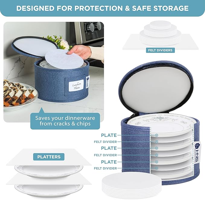 Hard Shell China Storage Containers 12-Piece Set Moving Boxes for Dinnerware, Glasses, Plates, Mugs and Saucers Sturdy Dish Organizer with Dividers for Seasonal Storage - Service for 12 - Denim Blue