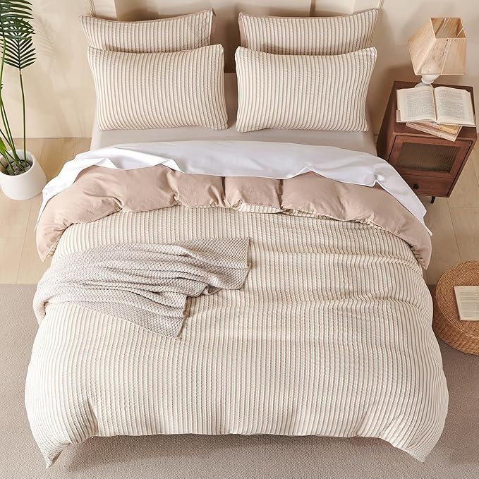 Comforter King Set Beige Striped Soft Luxury Washed Microfiber Jacquard 3 Pieces Bedding, White Beige Vertical Ticking Stripes Pattern Comforter with 2 Pillowcases Breathable Durable Comfy