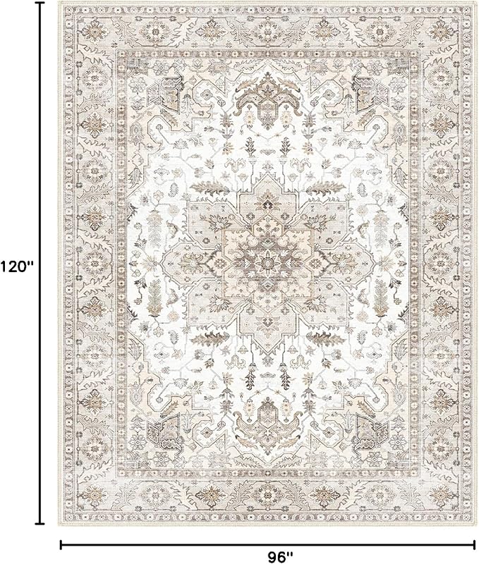8x10 Area Rug, Vintage Washable Area Rugs, Non-Slip Rug for Bedroom, Distressed Soft Modern Low-Pile Carpet Stain Resistant, Dining Home Decor Office Boho Rug Brown…