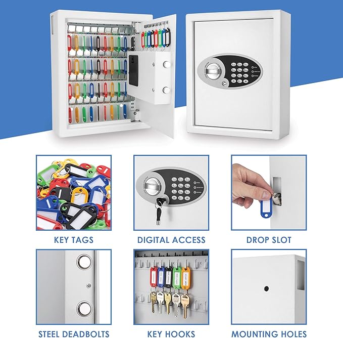 Barska 48-Key Wall Mount Key Cabinet Safe – Digital Keypad Lock Box with Numbered Hooks, Drop Slot, Color Tags & Backup Keys – Steel Construction for Home, Office, Business, School, Hotel