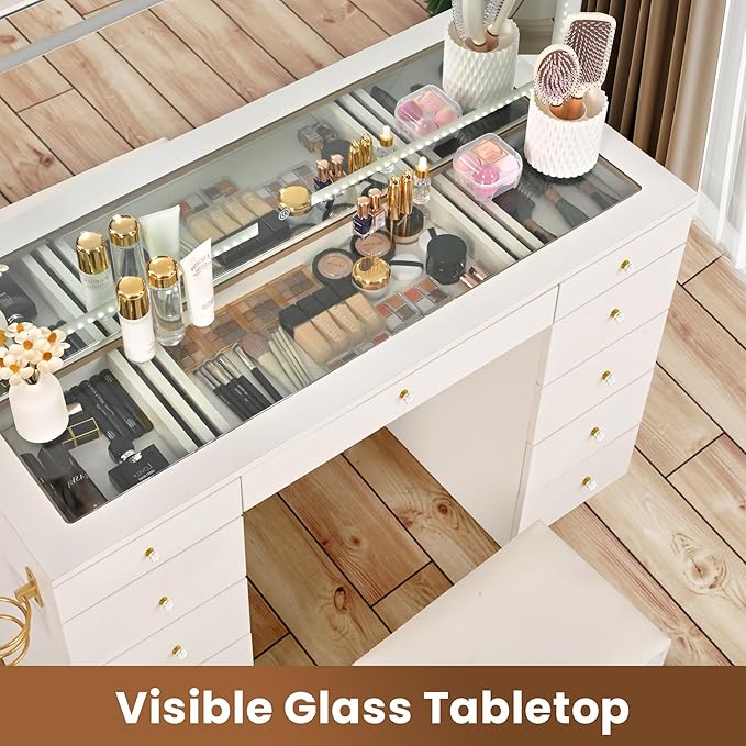 Pamapic Glass Top Vanity Desk with Crystal Handles, 11 Drawers Makeup Vanity with Mirror and Stool, 3 Lighting Modes Dressing Table, Power Outlet, Silent Slides, White