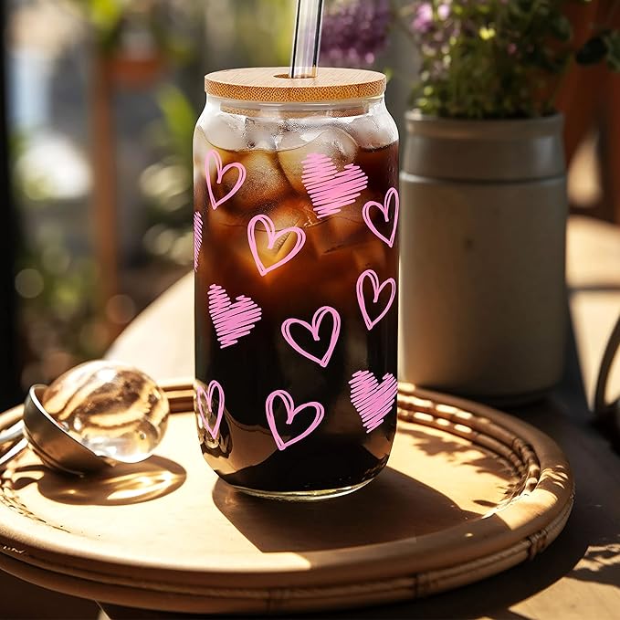 Mason Life Iced Coffee Cups, Valentines Cups Gifts for Her Women 18 OZ Hearts Cup Beer Glass, Love Can Couple Drinking Glasses, Glass Cups with Bamboo Lids and Straws, Valentines Day Gifts - 2 Sets