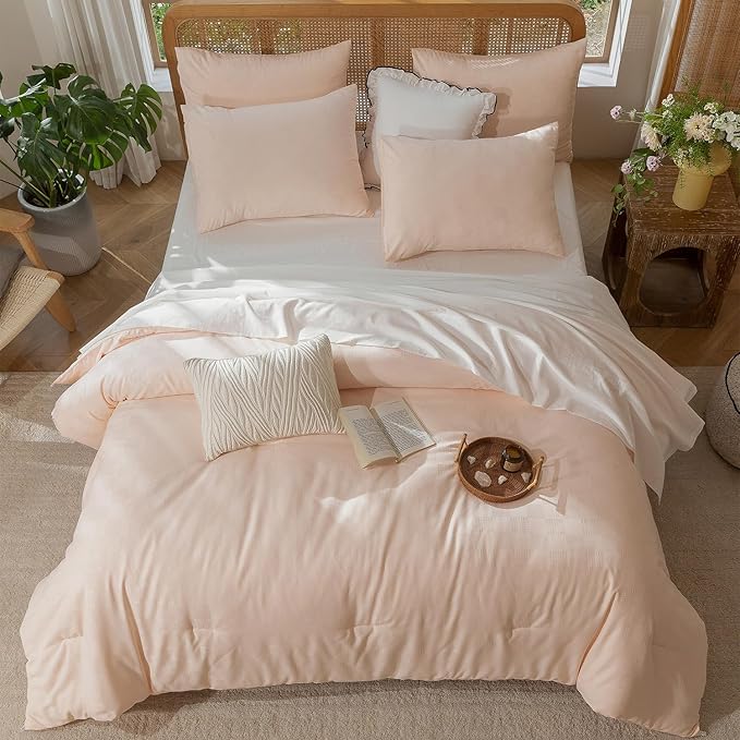 Queen Size Comforter Set Pink - Waffle Checkered Soft Shabby Chic Bedding, All-Season Lightweight Breathable with 2 Pillowcases Combo for Year-Round Comfort
