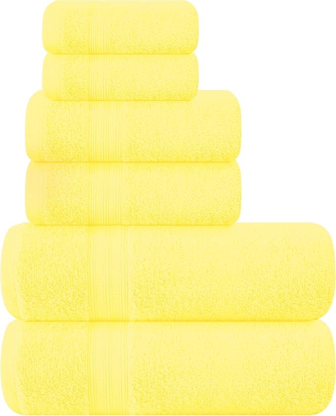 BOUTIQUO 6 Pack Cotton Towel Set, Contains 2 Bath Towels 27x54 inch, 2 Hand Towels 16x24 inch & 2 Wash Coths 12x12 inch, Ideal Everyday use, Ultra Soft Compact & Lightweight - Lime Yellow