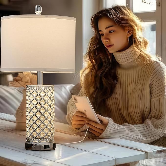 Modern Crystal Table Lamp - 24in Silver Bedroom Lamps 3-Way Dimmable Touch Lamp with Night Light, 2 USB Ports + AC Outlet, Bedside Night Stand Lamp for Living Room Office (Silver- 1 Pack 24In)