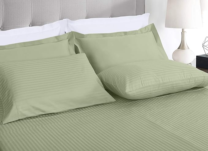 Threadmill 100% Cotton Sheets for Queen Size Bed - 600 Thread Count Queen Bed Sheets Set with 16” Deep Pocket - Damask Stripe Sateen Weave 4-Piece Bedding Set with Cooling Effect, Sage Green
