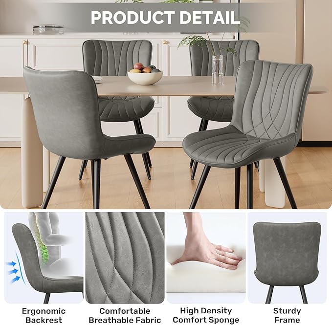 Dining Chair Set of 6 PU Leather Dining Room Chairs Upholstered Comfy Dining Chairs,Modern Kitchen Armless Side Chair with Sturdy Metal Legs,Grey