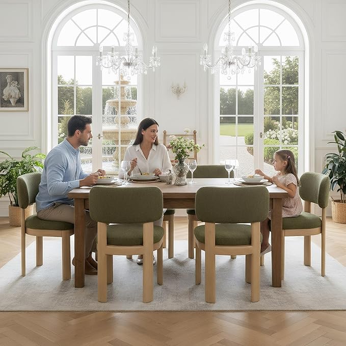 Green Upholstered Dining Chairs Set of 6 Chenille Fabric Dining Room Chairs Modern Barrel Kitchen Chairs with Curved Backrest and Wooden Legs