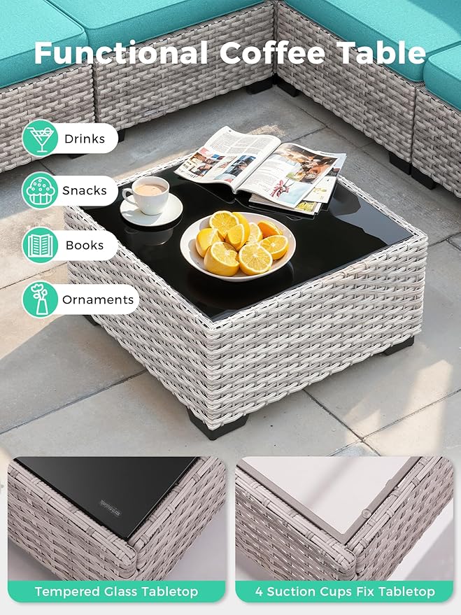 13 Piece Outdoor Wicker Rattan Sectional Sofa Set with 55,000 BTU Fire Pit Table, 10-Seats with 4" Thickened Cushions & Coffee Table, All-Weather PE Rattan for Garden, Backyard, Porch, Navy
