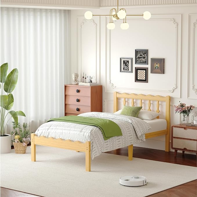 Bamboo Twin Bed Frame with Headboard, 14 inch Solid Wood Platform Bed Frames Twin Size with Metal Slats, No Box Spring Needed, Easy Assembly, Noise Free