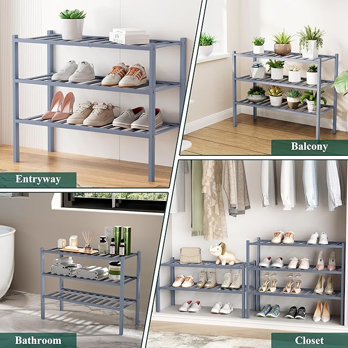 Smiry Shoe Rack, 4 Tier Long Bamboo Shoe Organizer, Stackable Free Standing Wooden Shoe Storage Shelf for Closet, Entryway, Front Door Entrance, Grey