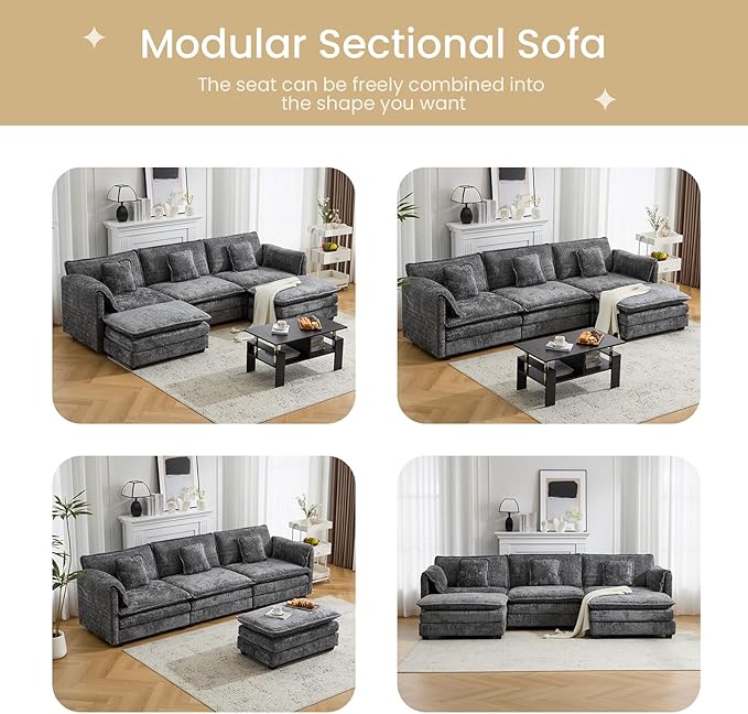 147.8" U Shaped Modular Sectional Sofa, Comfy Cloud Couch with Movable Ottoman, Deep Seat Modular Sofa, Sectional Couches for Living Room, Bedroom, Apartment (Grey)