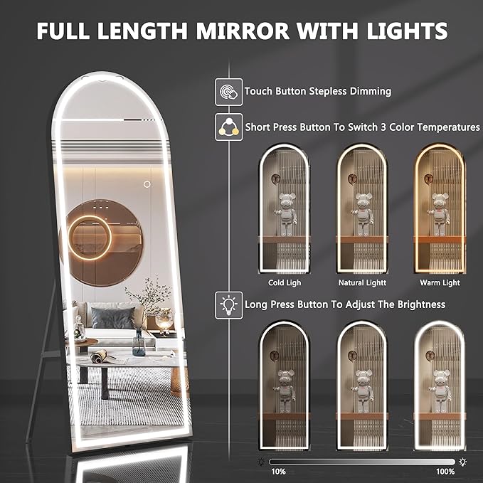 Hasipu 71" X 32" Full Length Mirror with Lights, Black Frame Arch Led Mirror Full Length and 3 Colors Temperatures & Brightness Adjustable,Light Up Mirror Full Body for Bedroom Cloakroom Living Room