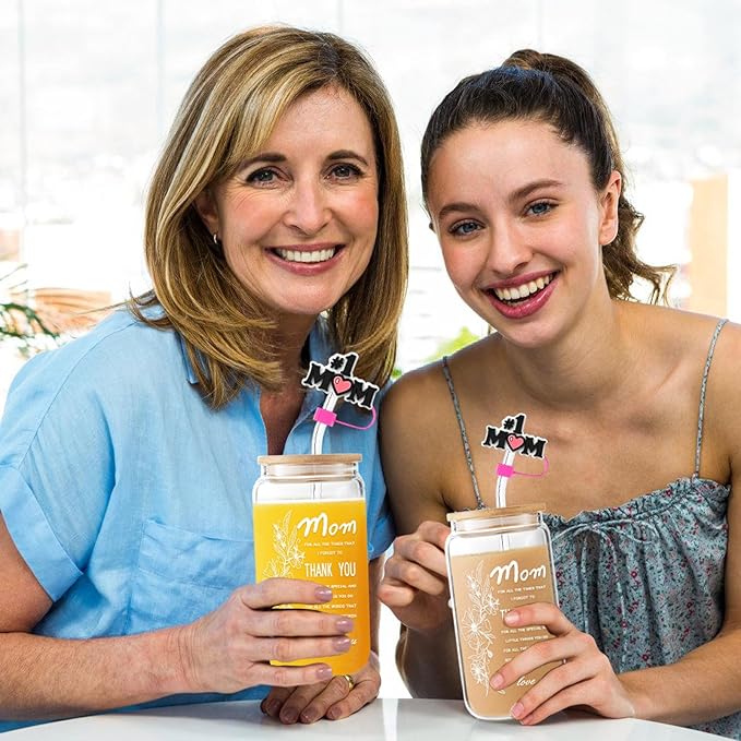 Gifts for Mom, Mothers Day Gifts from Daughter Son, 16oz Ice Coffee Glass Cup with Bamboo Lids, Straws, Birthday Present Ideas for Mom Wife Sister Friends - Including Straw Cap, Cozy Socks