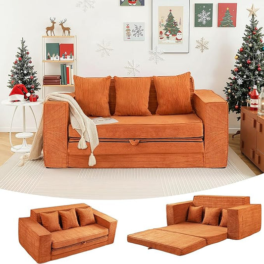 HOMREST 76" Convertible Memory Foam 3-seat Sofa, Pull Out Sleeper Sofa Bed, 2 in 1 Folding Couch Bed, Fold Out Floor Couch Corduroy Fabric with 3 Pillows for Living Room Bedroom Lounge (Brown)