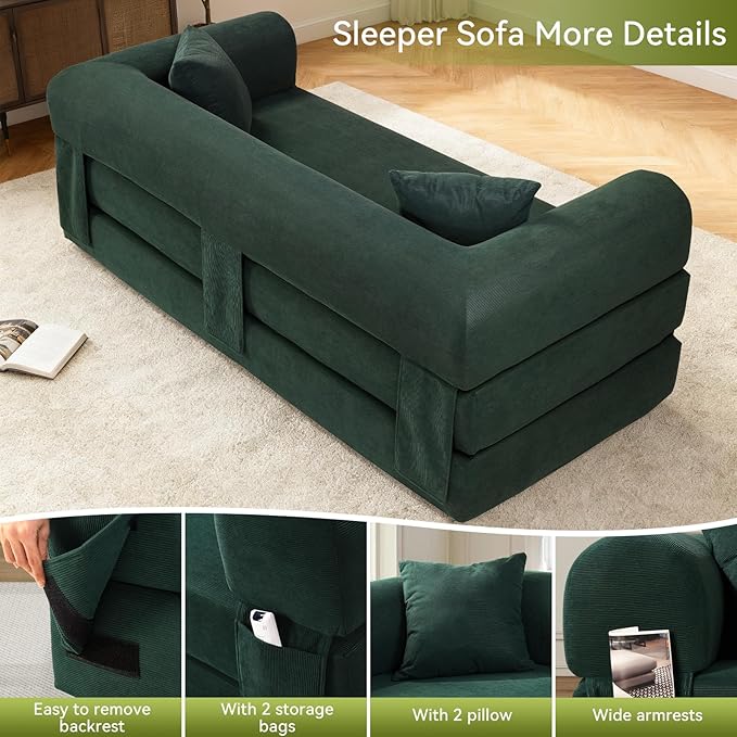 Convertible Folding Sofa Bed,80" Pull Out Couch with Pillows & Storage Pocket,Modular Futon Bed Corduroy Queen Sleeper Sofa in a Box,Compression Boneless Couch for Living Room,Deep Green