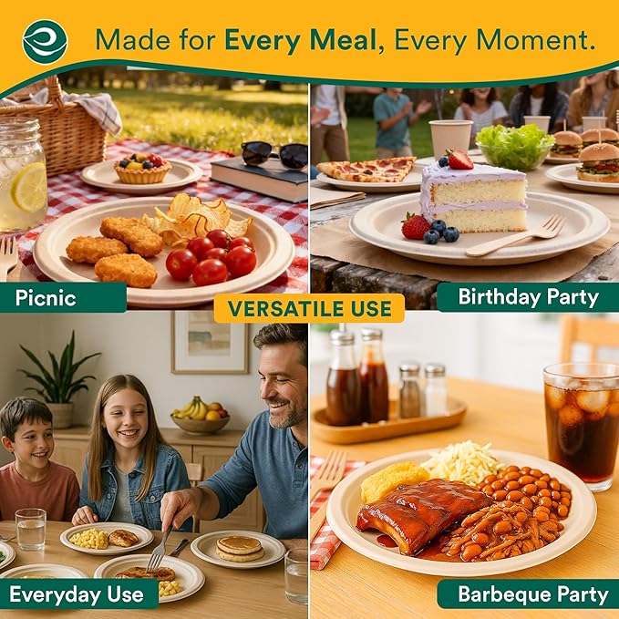 ECO SOUL Compostable 9 Inch(200-Pack) Biodegradable Heavy-Duty Disposable Eco-Friendly Paper Plates for Christmas Dinner & Parties, Wedding, Event